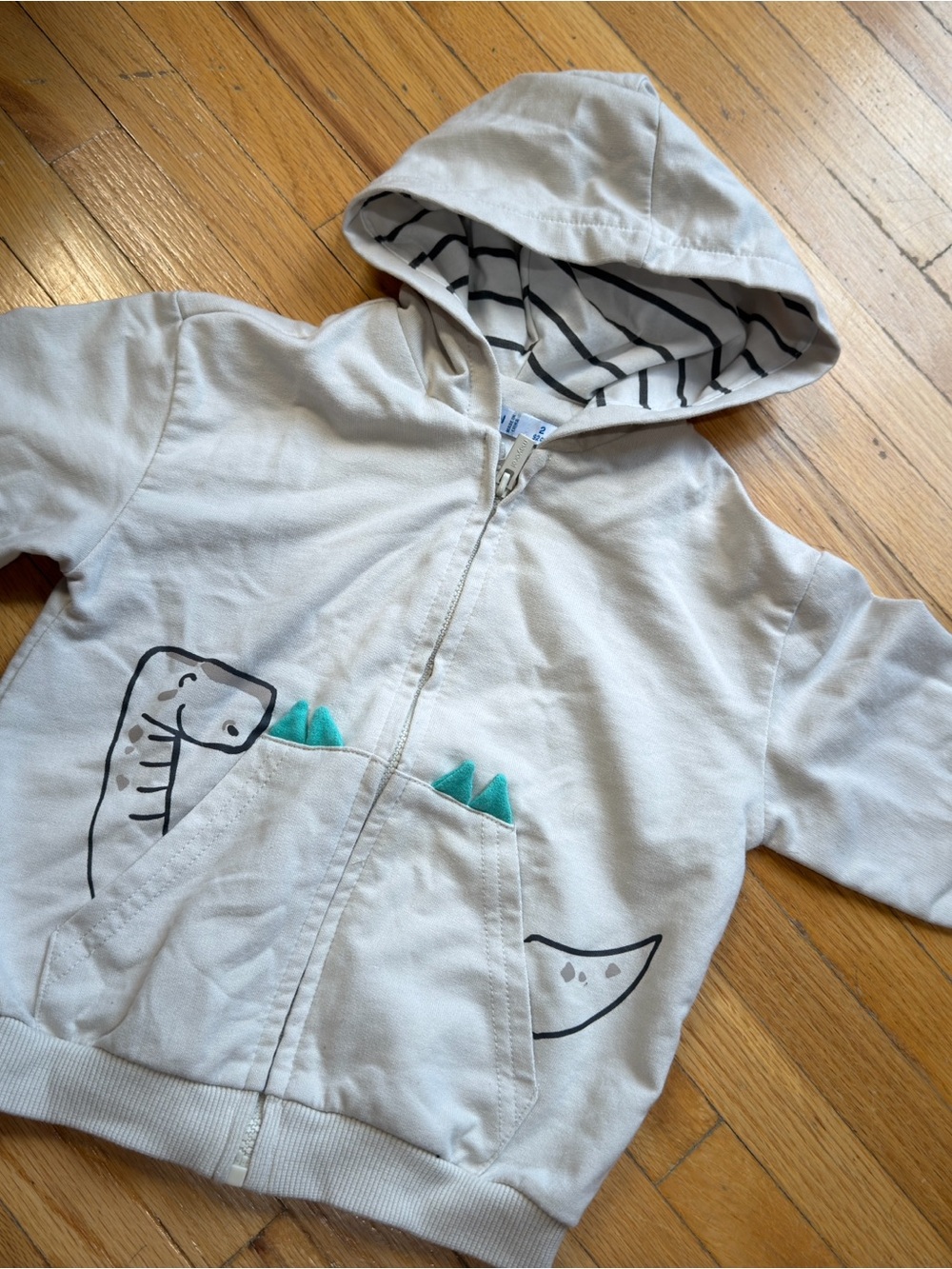 Mayoral Cream Kids Dinosaur Zip-Up Hoodie with Striped Hood Lining